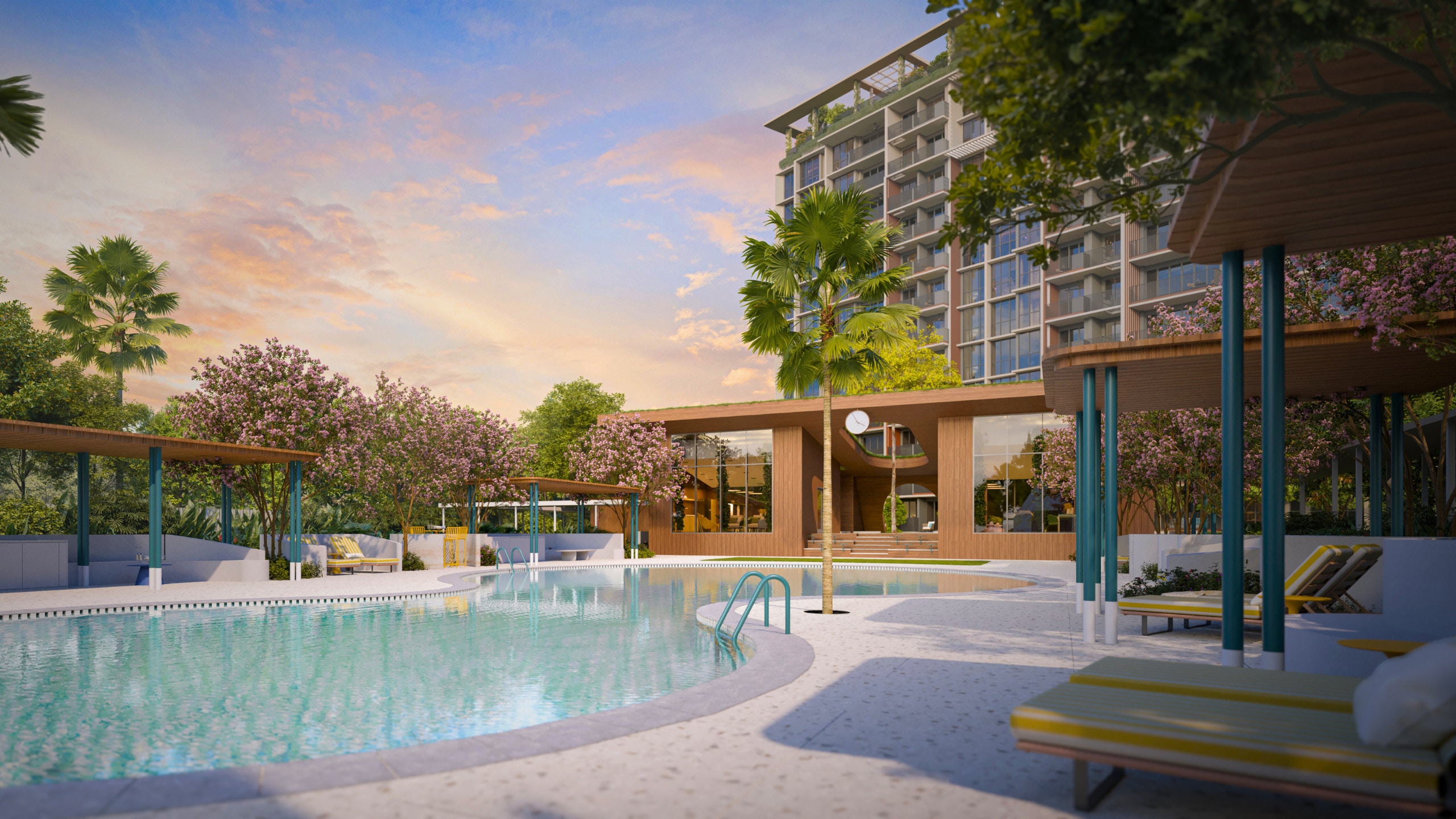 Canberra Club Artist’s impression of The Canberra Club within the lifestyle zone of Canberra Crescent Residences, featuring a tranquil swimming pool framed by palm trees, flowering gardens, and shaded lounge cabanas. The modern clubhouse with wood-toned architecture and glass façades exudes a resort-like ambiance under a warm sunset sky